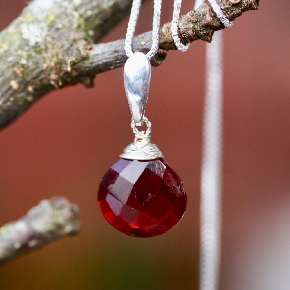 Wire Wrapped Garnet Pendant Sterling Silver, January Birthstone  2nd Anniversary